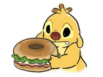 antennae_(anatomy) bagel black_eyes bread buckteeth dipstick_antennae food holding_food holding_object multicolored_antennae red_nose sandwich_(food) simple_background teeth white_background yellow_body fluffy_land disney lilo_and_stitch reuben_(lilo_and_stitch) alien experiment_(lilo_and_stitch) 2019 4:3