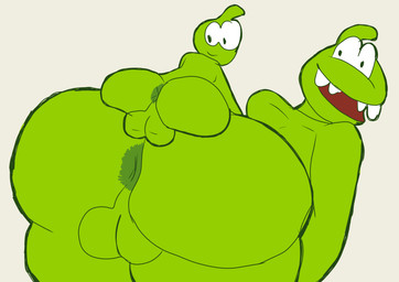 anthro anus ass_up balls bent_over big_balls big_butt butt duo genitals green_body looking_at_viewer looking_back male male/male presenting rear_view rom4ncevisualnovel cut_the_rope om_nom alien humanoid 2026 absurd_res digital_media_(artwork) hi_res