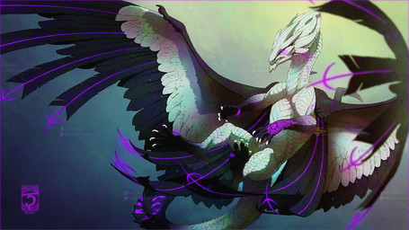 ambiguous_gender black_body black_feathers claws depth_of_field digitigrade feathered_wings feathers feral finger_claws flying glowing glowing_tattoo gradient_background horn purple_eyes quadruped scales simple_background solo tail tattoo teeth text toe_claws white_body white_feathers white_scales wings year shinerai mythology dragon feathered_dragon feathered_scalie mythological_creature mythological_scalie scalie 16:9 2021 artist_name dated digital_drawing_(artwork) digital_media_(artwork) hi_res shaded soft_shading watermark widescreen