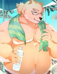 anthro belly big_belly eyewear glasses humanoid_hands kemono male moobs navel nipples overweight overweight_male smoking solo towel bone_color919 lifewonders tokyo_afterschool_summoners leib_(tas) bear mammal polar_bear ursine 2023 hi_res