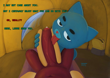 anthro big_penis blue_body blue_fur bodily_fluids duo erection food foreskin fur genitals hot_dog_bun huge_penis humanoid_genitalia humanoid_penis imminent_oral male male/male open_mouth partially_retracted_foreskin penis text vein veiny_penis young tirildraws_(artist) cartoon_network the_amazing_world_of_gumball gumball_watterson hot_dog_guy_(tawog) domestic_cat felid feline felis mammal english_text