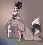 anthro breasts brown_hair chest_tuft cleavage clothed clothing clothing_lift dress dress_lift female fur hair pink_body pink_fur solo tuft water bunnywhiskerz mammal digital_media_(artwork) hi_res shaded