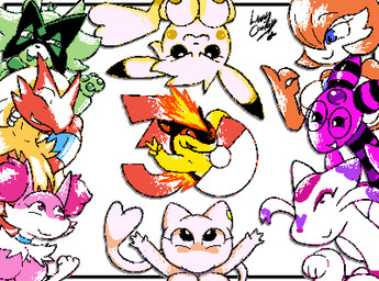 alternate_color ambiguous_gender anthro areola blue_eyes breasts cheek_spots closed_smile ear_piercing eyelashes eyes_closed eyewear female fire forehead_gem fur gem gesture glasses group hair hand_gesture inner_ear_fluff looking_at_another mask mouth_closed neck_tuft open_mouth open_smile pawpads paws piercing pink_body pink_eyes pupils red_body smile tail tongue tuft v_sign white_body white_fur white_pupils white_sclera luanctoons nintendo pokemon amphy_(luanctoons) bonnie_(luanctoons) casey_(luanctoons) flor_(luanctoons) gina_(luanctoons) lucky_(luanctoons) min_(luanctoons) quill_(luanctoons) shizuka_(luanctoons) ampharos blaziken braixen gardevoir generation_1_pokemon generation_2_pokemon generation_3_pokemon generation_5_pokemon generation_6_pokemon generation_9_pokemon legendary_pokemon meowscarada mew_(pokemon) mienshao pikachu pokemon_(species) quilava shiny_pokemon 2026 absurd_res digital_media_(artwork) hi_res pixel_(artwork)