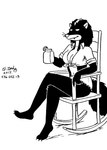 alcohol anthro belly beverage bottomwear breasts chair cleavage clothed clothing collared_shirt female furniture mature_female midriff navel potbelly relaxing shirt shorts slim small_waist solo tied_shirt topwear tegerio zandar's_saga catherine_o'daisies mammal mephitid skunk monochrome