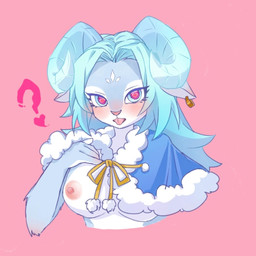 anthro blue_body blue_fur blue_hair blush bovid_horn brainwashing caprine_horn curled_horn ear_piercing ear_ring female fur goat_horn hair heart_eyes heart_pupils heart_symbol horn hypnosis mind_control piercing red_eyes ring_piercing solo tongue gunfire_reborn lyn_(gunfire_reborn) bovid caprine mammal sheep 1:1
