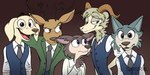 anthro antlers brown_background clothed clothing coat dress_shirt female group hand_on_hip horn male necktie open_clothing open_coat open_mouth open_smile open_topwear shirt simple_background smile standing topwear vest serareldeer beastars jack_(beastars) juno_(beastars) legoshi_(beastars) louis_(beastars) pina_(beastars) bird_dog bovid canid canine canis caprine cervine dall_sheep deer domestic_dog hunting_dog labrador mammal red_deer retriever sheep wolf 2021 dated digital_media_(artwork) half-length_portrait hi_res portrait signature