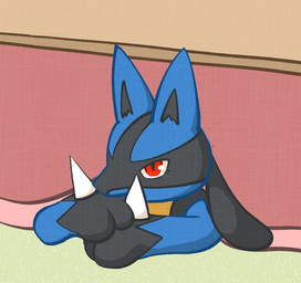 ambiguous_anthro ambiguous_gender anthro black_inner_ear blue_body blue_ears blue_fur eyelashes fur furniture hand_spike kotatsu markings pupils red_eyes slit_pupils snout solo spike_(anatomy) spikes spikes_(anatomy) table tan_body tan_fur white_sclera momensarada nintendo pokemon generation_4_pokemon lucario pokemon_(species) 2023