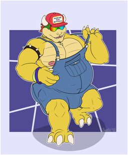 anthro baseball_cap big_nipples border bulge claws clothed clothing cross denim denim_clothing eyewear hair hat headgear headwear horn jewelry male moobs musclegut muscular necklace nipples overalls overweight overweight_anthro overweight_male solo spikes standing sunglasses teeth text text_on_baseball_cap text_on_clothing text_on_hat text_on_headwear white_border benjibat conditional_dnp mario_bros nintendo bowser koopa scalie hi_res