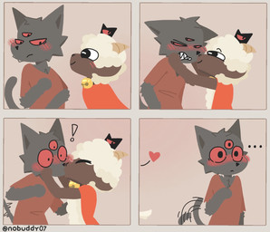 3_eyes ambiguous/ambiguous ambiguous_gender anthro bared_teeth bedding bell bell_collar black_body black_fur black_nose blanket blush blushing_profusely bottomless brown_body cloak cloak_only clothed clothing collar comic_panel duo ellipsis exclamation_point eyes_closed fluffy flustered frown fur hand_on_cheek heart_symbol horn kiss_on_lips kissing male multi_eye nude_anthro nude_male predator/prey red_cloak red_clothing red_eyes red_sclera scowl shirt smile standing tail tail_motion tailwag teeth topwear topwear_only tunic walking walking_away white_body white_fur wide_eyed wool_(fur) yellow_horn nobuddy cult_of_the_lamb massive_monster_(studio) lamb_(cult_of_the_lamb) narinder bovid caprine domestic_cat felid feline felis mammal sheep comic hi_res multiple_scenes