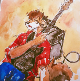 amplifier anthro bass_guitar blue_bottomwear blue_clothing blue_pants bottomwear brown_hair clothed clothing eyes_closed fur guitar hair male musical_instrument open_mouth orange_body orange_fur pants plucked_string_instrument red_clothing red_topwear short_hair simple_background sleeping solo speaker string_instrument topwear white_body white_fur akatan_art canid mammal hi_res traditional_media_(artwork)