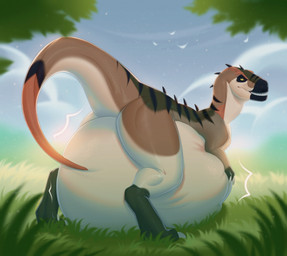 abdominal_bulge belly belly_on_ground big_belly black_markings brown_body claws day feral feral_pred huge_belly hyper hyper_belly looking_back male male_pred markings motion_lines sky snout solo striped_markings stripes tail tan_body teeth vore yellow_eyes orca24a dinosaur prehistoric_species reptile saurischian scalie theropod tyrannosaurid tyrannosauroid tyrannosaurus tyrannosaurus_rex colored digital_drawing_(artwork) digital_media_(artwork) hi_res shaded