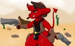 anthro bulge cigar clothing cowboy_hat dual_wielding fur gun handgun hat headgear headwear holding_object holding_weapon male pistol ranged_weapon red_body red_eyes red_fur smoking solo spade_tail tail weapon yellow_sclera martenblaise kings_of_hell gremile_'hotshot' demon imp