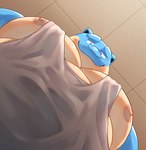 anthro anthrofied big_pecs black_inner_ear blue_arms blue_ears blue_eyebrows blue_face blue_nose bottomless ceiling clothed clothing countershade_face countershade_torso countershading eyebrows fangs looking_at_viewer looking_down looking_down_at_viewer male nipples pecs pokemorph purple_eyes sharp_teeth shell-less shirt shirt_only smile smiling_at_viewer snaggle_tooth solo tan_body tan_chest tan_countershading tan_face tan_nipples tank_top tank_top_only teeth thick_eyebrows tile_ceiling topwear topwear_only two_tone_face o-ro nintendo pec_pov_meme pokemon blu_(o-ro) blastoise generation_1_pokemon pokemon_(species) scalie 2024 digital_drawing_(artwork) digital_media_(artwork) hi_res meme