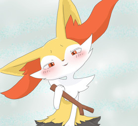 3_fingers :3 ambiguous_anthro ambiguous_fluids ambiguous_gender anthro arm_tuft black_body black_fur blush blush_lines cheek_tuft chest_tuft eyebrows facial_tuft fingers flat_chested front_view fur half-closed_eyes head_tilt hip_tuft holding_object holding_stick inner_ear_fluff looking_at_viewer multicolored_body multicolored_fur narrowed_eyes nude_ambiguous nude_anthro open_:3 open_mouth open_smile orange_body orange_eyes orange_fur orange_inner_ear_fluff orange_nose pointy_ears prick_ears raised_inner_eyebrows shoulder_tuft simple_background smile solo spread_legs spreading stick tailless tuft white_body white_fur yellow_body yellow_fur hurai_of_kaki nintendo pokemon braixen canid generation_6_pokemon mammal pokemon_(species) 2024 cel_shading colored digital_drawing_(artwork) digital_media_(artwork) half-length_portrait hi_res portrait shaded