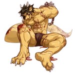 abs anthro bdsm beaten biped black_hair blood bodily_fluids claws defeated hair horn male muscular muscular_anthro muscular_male pecs simple_background solo tail white_background wounded yellow_body maiyabuhantang scalie 1:1 hi_res