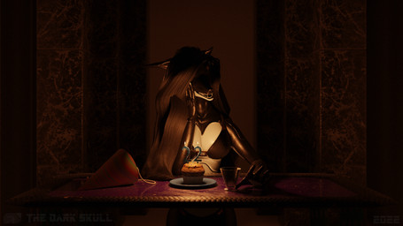 anthro atmospheric augmented birthday breasts cake clothed clothing cybernetics dark dessert female fire food hair machine nails open_mouth solo synthetic the_dark_skull android canid canine canis cyborg jackal mammal robot 16:9 2022 3d_(artwork) blender_(artwork) digital_media_(artwork) hi_res widescreen