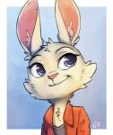 alternate_species anthro blue_eyes border cheek_tuft chest_tuft clothed clothing facial_tuft female head_tuft inner_ear_fluff simple_background smile solo tuft white_border alec8ter conditional_dnp disney zootopia skye_(zootopia) lagomorph leporid mammal rabbit 2018 signature