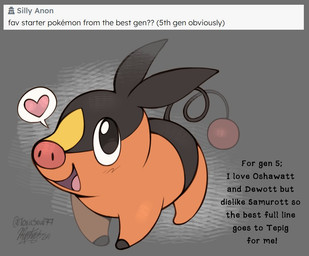 ambiguous_feral ambiguous_gender ask_blog black_body black_ears black_fur black_hooves black_tail black_text curled_tail feral front_view fur glistening glistening_eyes happy heart_symbol hooves markings open_mouth open_smile orange_body orange_fur quadruped red_nose red_tail smile snout solo tail text three-quarter_view unguligrade white_speech_bubble yellow_markings toxicsoul77 nintendo pokemon generation_5_pokemon mammal pokemon_(species) suine tepig 2024 artist_name colored dated digital_drawing_(artwork) digital_media_(artwork) english_description full-length_portrait pictographics portrait signature