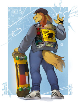 anthro bottomwear butt clothed clothing footwear fur headgear headwear legwear looking_at_viewer male open_mouth shoes simple_background skateboard skateboarding smile solo tail teeth text topwear vehicle yellow_body tem1tem dead_kennedys minor_threat canid canine canis domestic_dog mammal 3:4 absurd_res digital_media_(artwork) english_text hi_res