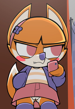 accessory anthro blush bottomwear cellphone clothed clothing dipstick_tail electronics female flat_chested genitals headband holding_cellphone holding_object holding_phone jacket legwear looking_back markings no_underwear phone pink_bottomwear pink_clothing pink_eyes pink_skirt purple_clothing purple_jacket purple_legwear purple_stockings purple_topwear skirt solo stockings tail tail_markings topwear vulva young young_anthro young_female vulapa murphy_and_mitzi vivian_(ajmarekart) canid canine fox mammal hi_res