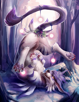 4_toes ambiguous_gender cheek_tuft chest_tuft claws detailed_background digitigrade facial_tuft fangs feet feral forest fur half-closed_eyes holidays holly_(plant) kissing_bough legs_above_head lights looking_aside looking_at_viewer mistletoe multicolored_body multicolored_fur narrowed_eyes open_mouth orange_eyes outside pawpads paws pink_claws plant purple_body purple_fur shoulder_stand snout snow solo string striped_body striped_fur stripes tail tail_tuft teeth three-quarter_view toes tree tuft two_tone_body two_tone_fur upside_down white_body white_fur winter thesecretcave bandai_namco christmas digimon canid canine digimon_(species) garurumon mammal 2017 digital_media_(artwork) hi_res watermark