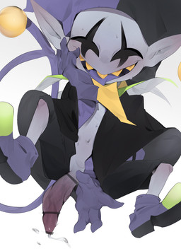blush bodily_fluids clothed clothing clown erection footwear genital_fluids genitals gloves handwear male not_furry open_mouth partially_clothed penis precum sharp_teeth shoes simple_background smile solo sweat teeth tongue tongue_out 9999gpera deltarune undertale_(series) jevil_(deltarune) darkner humanoid imp 2018 digital_media_(artwork)