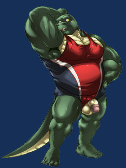 anthro balls biceps black_clothing black_singlet clothed clothing flexing genitals glans green_body green_scales hand_above_head humanoid_genitalia humanoid_penis male multicolored_body multicolored_clothing multicolored_scales muscular muscular_anthro muscular_male pecs penis red_clothing red_singlet scales solo tail two_tone_body two_tone_scales vein veiny_penis wrestling_singlet yellow_body yellow_eyes yellow_scales markwulfgar extracurricular_activities dozer_(extracurricular_activities) crocodilian reptile scalie absurd_res alpha_channel hi_res