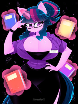 anthro big_breasts black_bottomwear black_clothing black_eyeliner black_skirt book bottomwear bracelet breasts cleavage clothed clothing eyelashes eyeliner eyewear female glasses glowing hair horn jewelry levitation magic makeup purple_body purple_clothing purple_eyes purple_hair purple_shirt purple_tail purple_topwear shirt skirt solo star tail topwear xan-gelx equestria_girls hasbro my_little_pony mythology sci-twi twilight_sparkle_(eg) equid equine mammal mythological_creature mythological_equine unicorn 3:4 hi_res