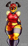 antennae_(anatomy) anthro big_breasts black_body black_fur black_sclera breasts curvy_figure embarrassed female fur hourglass_figure midriff multicolored_body pupils simple_background solo thick_thighs two_tone_body white_pupils wings yellow_body yellow_fur bluddly pizza_bee_(xexeezy) arthropod bee hymenopteran insect hi_res