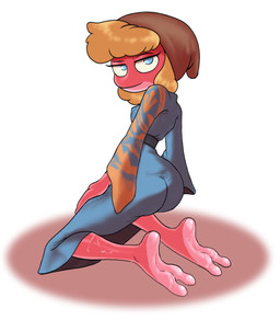2_toes anthro barefoot big_butt biped black_eyebrows blue_clothing blue_dress blue_eyes breasts brown_clothing brown_hat brown_headwear butt clothed clothed_anthro clothed_female clothing countershading dress eyebrows eyelashes feet female female_anthro fingers hair hat head_turned headgear headwear kneeling long_hair long_sleeves looking_at_viewer looking_back looking_back_at_viewer medium_breasts mouth_closed multicolored_clothing multicolored_dress nipple_outline non-mammal_breasts orange_clothing orange_dress orange_hair pink_body pink_skin plantigrade raised_eyebrow soles solo toes two_tone_clothing two_tone_dress wet tullymonst3r amphibia_(series) disney leif_plantar amphibian frog 2026 hi_res