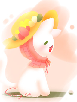 blush bonnet clothing eyes_closed feral flower_on_hat fur green_eyes happy hat headgear headwear open_mouth orange_background orange_clothing orange_hat orange_headwear pink_clothing pink_hat pink_headwear simple_background solo straw_hat tail white_body white_ears white_fur white_tail conditional_dnp xammyxx domestic_cat felid feline felis mammal 2026 3:4 digital_media_(artwork) english_description hi_res ibispaint_(artwork) lineless shaded signature watermark