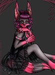 anthro biped black_background black_nose bracelet breasts chin_piercing chin_stud clothed clothing ear_piercing ear_ring female hair industrial_piercing jewelry piercing pink_bracelet ring_piercing simple_background sitting smile solo spiked_bracelet spikes topwear redderz canid canine mammal raccoon_dog tanuki 2006