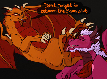 claws dialogue duo ear_piercing eyes_closed feet feral foot_fetish foot_lick fur grin happy horn licking lying male male/male on_back open_mouth orange_body orange_eyes orange_fur piercing profanity red_underbelly smile speech_bubble talking_feral teeth tongue white_body white_fur wings julis-rocks mythology axle_the_dragon sharpiethedragon dragon mythological_creature mythological_scalie scalie hi_res