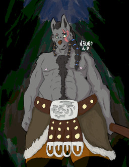 anthro body_hair braided_hair chest_hair clothed clothing forest fur green_eyes grey_body grey_fur hair happy_trail male nipples pink_nipples plant solo toned_male topless topless_male tree tribal n3uroacid canid canine canis mammal wolf signature
