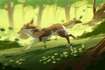 female feral flower forest forest_background grass landscape_background leaf loralai nature nature_background plant running solo tree fullbodywolf marmenuar artfight2024 seafoam canid canine canis mammal wolf hi_res