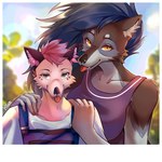 anthro blep duo female larger_female light male male/female outside park polaroid polaroid_photo selfie size_difference sun sunlight tall tongue tongue_out work_clothes myoniis daxter_wolfsky_(d4xt3r) eba_(myoniis) canid canine canis hybrid mammal wolf wolfdog hi_res