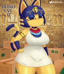 2021 animal_crossing ankha_(animal_crossing) anthro big_breasts breasts clothed clothing domestic_cat dress egyptian english_text felid feline felis female frown fully_clothed gammainks hand_on_hip hi_res huge_breasts looking_at_viewer mammal nintendo solo text thick_thighs wide_hips