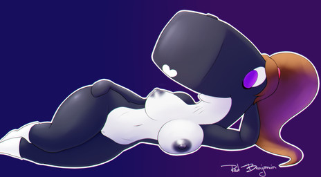 alternate_species anthro black_body black_skin blonde_hair boots breasts clothing eyes_closed female footwear genitals hair lying nipples purple_background shoes simple_background solo vulva sirredbenjamin nickelodeon spongebob_squarepants pearl_krabs aquatic cetacean dolphin hybrid mammal oceanic_dolphin orca physeteroid sperm_whale toothed_whale whale hi_res
