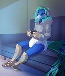 5_fingers anthro clothed clothing controller diaper electronics feathers fingers furniture headgear headphones headset hoodie sitting sofa solo topwear wearing_diaper strawberryneko avian bird galliform peafowl phasianid 2020 hi_res