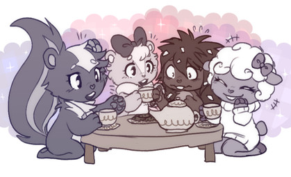 accessory air_freshener anthro bow_ribbon buckteeth chest_tuft clothing container cookie cup curly_hair dandruff female fingers food group hair hair_accessory hair_bow hair_ribbon hand_pawpads head_flower heart_nose heart_symbol hooved_fingers hooves long_hair pawpads ribbons short_hair shy smile sweater tea_cup tea_party teapot teeth topwear tuft wool_clothing wool_sweater wool_topwear m0n0m0nk11 happy_tree_friends flaky_(htf) giggles_(htf) lammy_(htf) petunia_(htf) bovid caprine chipmunk ground_squirrel mammal mephitid porcupine rodent sciurid sheep skunk striped_skunk tagme