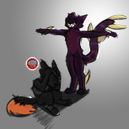 ambiguous_gender anthro assertive_anthro bandage black_body black_fur black_sclera claws devious_grin dipstick_tail duo featureless_crotch fur grey_background hand_on_face male markings nude orange_body orange_fur orange_tail_tip purple_body purple_fur scared sharp_teeth simple_background sitting smile striped_markings striped_tail stripes t-pose tail tail_markings teeth teeth_showing yellow_eyes unknown_artist casualties:_unknown gunsaw canid canine domestic_cat expie_(gunsawian) felid feline felis fox gunsawian hybrid mammal murid murine rat rodent voyager_(gunsawian) 2026 digital_drawing_(artwork) digital_media_(artwork) reaction_image