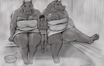 anthro areola biped breasts female group larger_female male nipples pupils sauna size_difference smaller_human thick_thighs towel towel_only trio doctordj common_hippopotamus hippopotamid human mammal hi_res