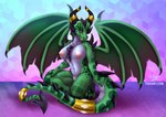 anthro breasts female genitals gold_(metal) gold_jewelry green_body green_scales horn jewelry nude pose pussy scales solo tail toxi_de_vyne_(artist) mythology dragon mythological_creature mythological_scalie scalie pinup