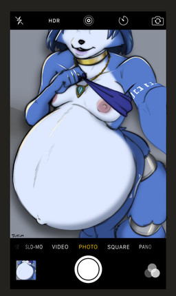 anthro areola belly big_belly blue_body blue_fur blue_hair breasts camera_view clothed clothing clothing_lift female fur hair jewelry markings navel necklace nipples outie_navel pink_areola pink_nipples pregnant pregnant_anthro pregnant_female selfie solo standing text topwear white_body white_fur tauttum nintendo star_fox krystal_(star_fox) canid canine fox mammal artist_name english_text hi_res