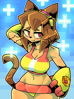 anthro black_nose blush blush_lines breasts brown_hair clothed clothing crop_top eyebrows eyewear eyewear_on_head female front_view goggles goggles_on_head hair hand_behind_head looking_aside medium_breasts medium_hair midriff navel shirt solo swimwear topwear whiskers esherton gameoverse glitch_productions kit_bodega domestic_cat felid feline felis mammal 3:4 absurd_res hi_res