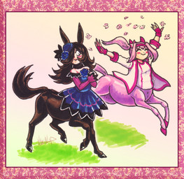 accessory animal_ears bare_shoulders blush clothed clothed_female clothed_taur clothing dress duo female fingerless_gloves gloves handwear headband hooves jacket quadruped tail taurified topwear willard_o_wisp cygames european_mythology greek_mythology mythology uma_musume_pretty_derby haru_urara_(pretty_derby) rice_shower_(pretty_derby) centaur equid equid_taur humanoid_taur mammal mammal_taur taur hi_res