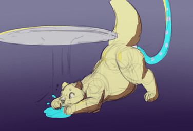 female feral fur furniture head_down_ass_up hose hose_inflation inflation leaking puddle solo table water_from_nose yellow_body yellow_fur boilingbismuth mammal mustelid otter