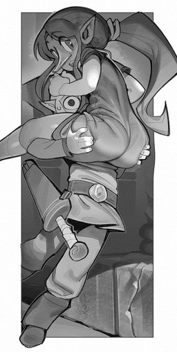 beak belt biped butt carrying_another clothed clothing dress female hair hand_on_butt holding_another holding_butt humanoid_pointy_ears looking_back male melee_weapon open_mouth panty_lines pointy_ears ponytail rear_view running scabbard shirt sword topwear tunic weapon wide_eyed wamudraws nintendo the_legend_of_zelda wind_waker medli toon_link animal_humanoid avian avian_humanoid humanoid hylian rito rito_humanoid greyscale hi_res monochrome