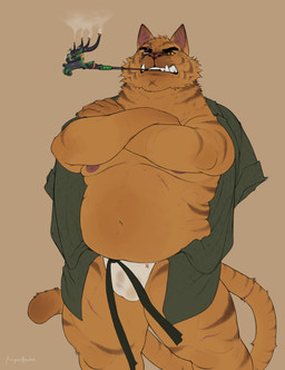 angry anthro asian_clothing blind_eye clothing east_asian_clothing facial_scar fangs fundoshi fur japanese_clothing male manly nipples orange_body orange_fur overweight overweight_anthro overweight_male pipe scar simple_background solo stripes teeth underbite underwear yellow_eyes repzzmonster domestic_cat felid feline felis mammal absurd_res hi_res