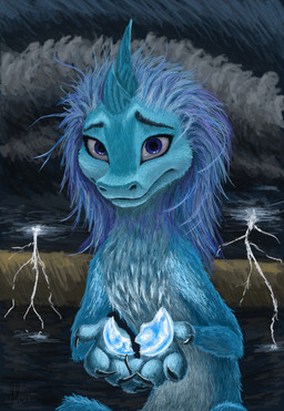blue_body blue_eyes blue_hair electricity female feral field fur gem glowing_gem hair holding_gem holding_object light lightning lightning_bolt sky solo worried worried_face worried_look hareluca disney mythology raya_and_the_last_dragon sisu_(ratld) aquatic aquatic_dragon dragon eastern_dragon furred_dragon furred_scalie mythological_creature mythological_scalie scalie 2022 absurd_res hi_res